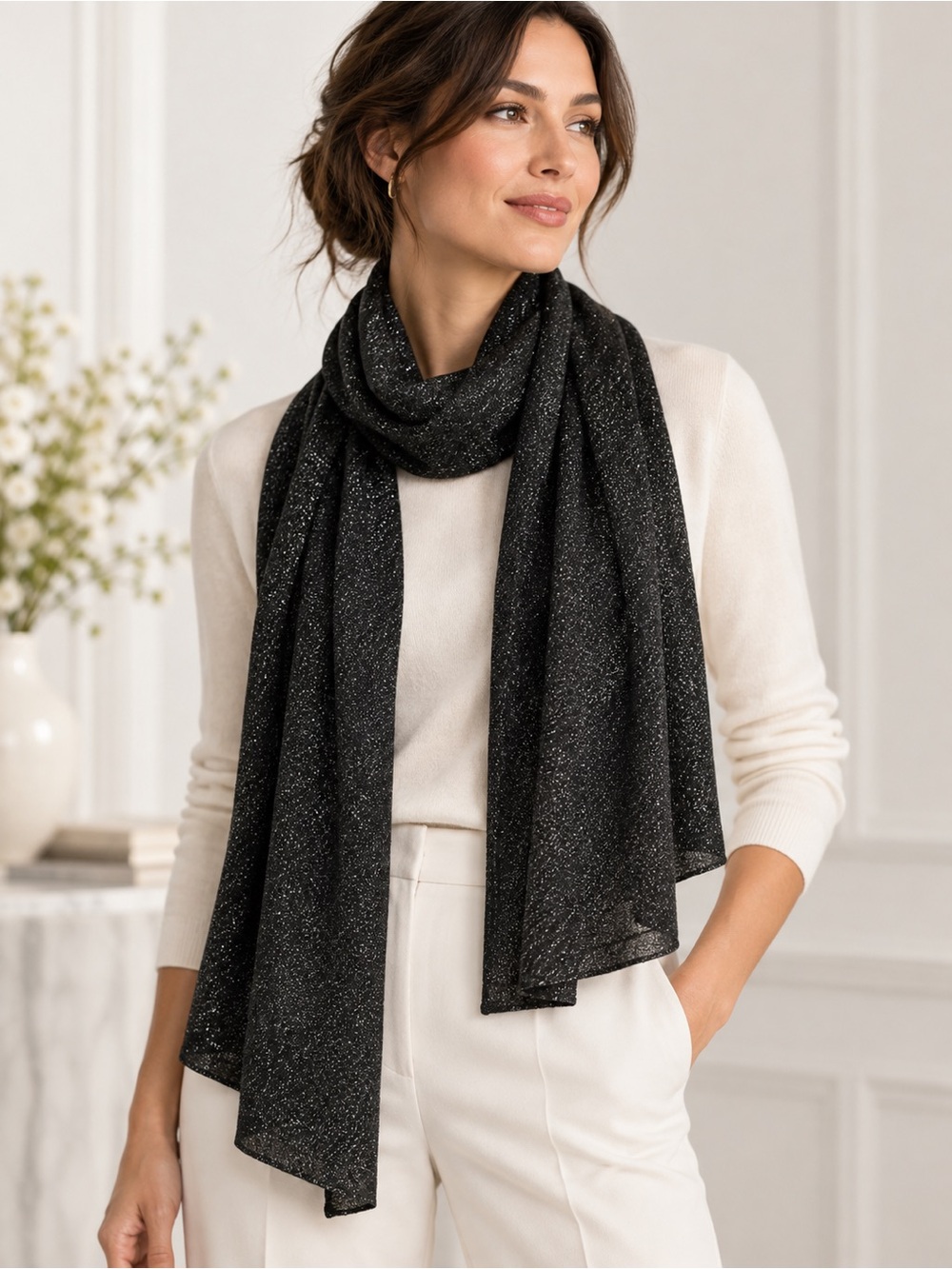 Eileen Fisher Black Metallic Merino Wool Sparkle Scarf Women's OS NWT